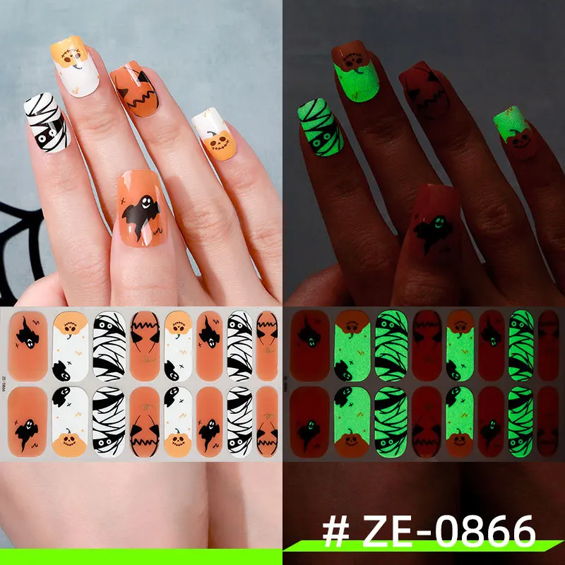 Nueva película de esmalte de uñas, pegatina para uñas, luz nocturna de Navidad y Halloween, pegatina para uñas con esqueleto de calabaza fantasma oscuro europeo y americano