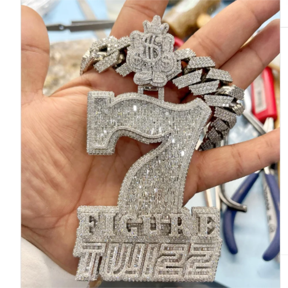 THE BLING KING Big Number 7 Figures Twizz Charm Pendant Crown $ Bail Micro Paved Out CZ Pendant Necklace For Gift Hiphop Jewelry