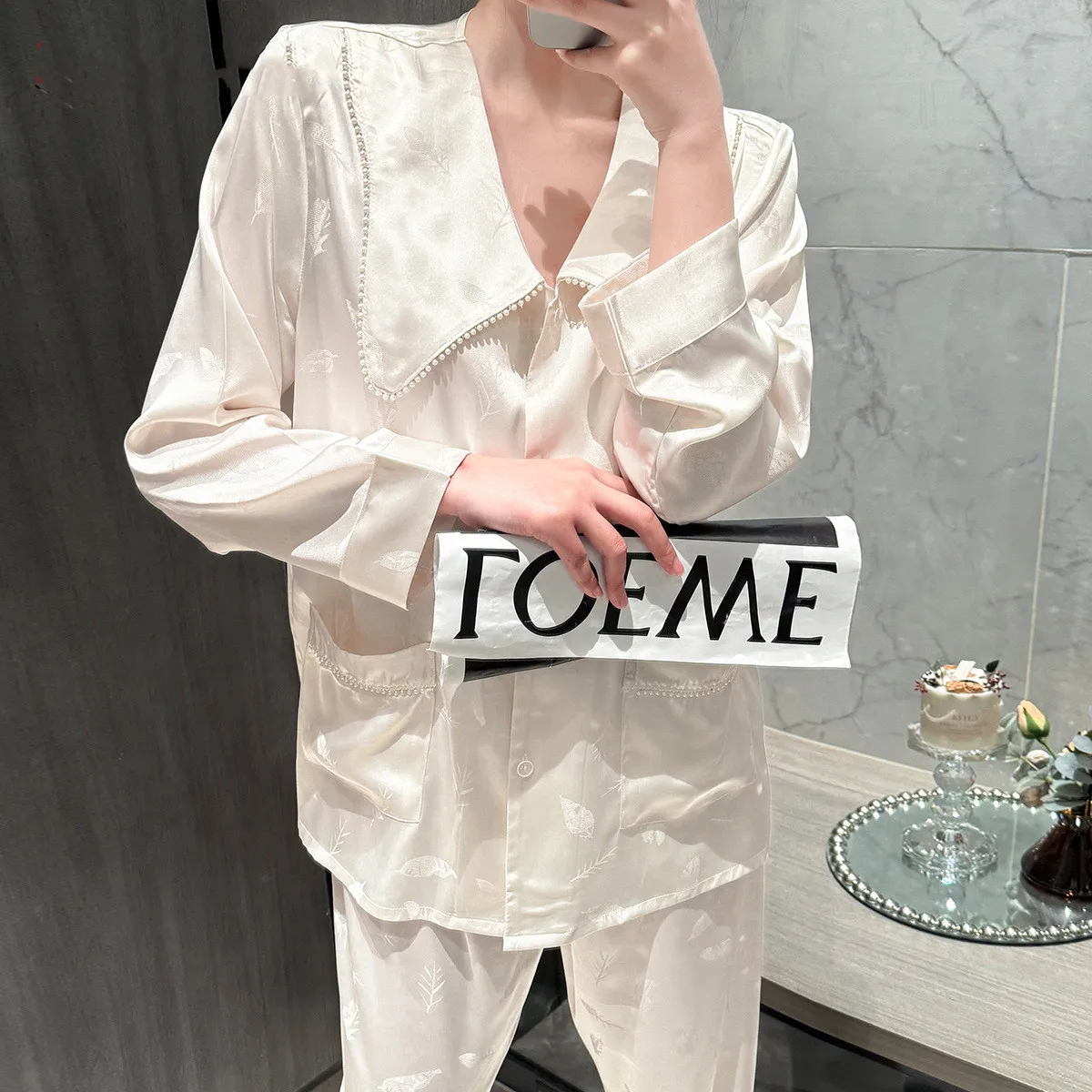 Women Pajamas Set Spring Sutumn Sleepwear 2PCS Princess Collar Shirt Trouser Sleep Suit Satin Home Wear