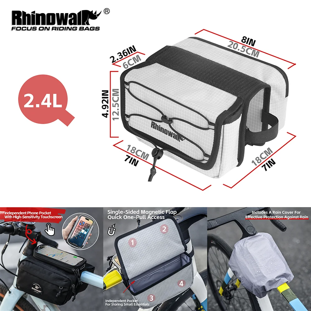 Rhinowalk Bike Front Frame Bag Waterproof Bicycle Saddlebag Cycling Crossbar Storage Luggage With Touchable Phone Pack&Raincover