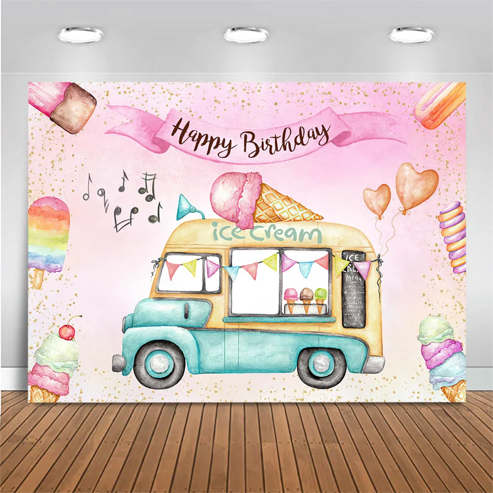 Mocsicka Cartoon Ice Cream Truck Happy Birthday Backdrop Baby Birthday Party Decor Photography Background Studio Photocall Props