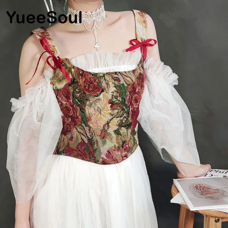 2023 Vintage Women Corset Printed Sleeveless Bandage Hollow Out Slim Crop Tops Fashion Cute Y2K Sexy Female Bustier Camisole