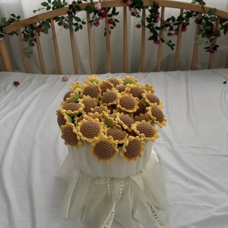 New 60cm Handmade Crochet Sunflower Blanket Bouquet Creative Diy Yarn Flower Bouquet Home Decor Gift For Friends Blankets Gifts