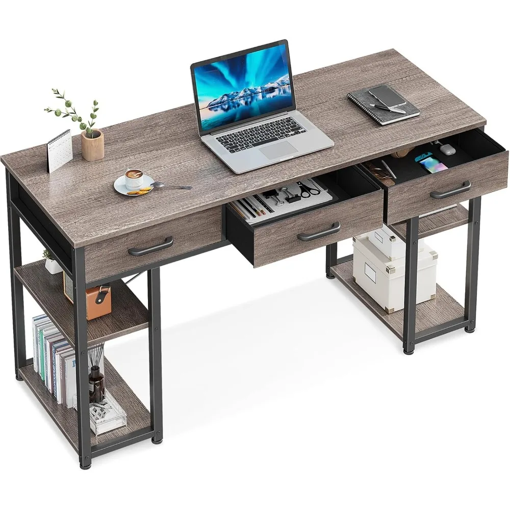 

Small computer desk: a home desk with fabric drawers and storage shelves, modern writing desk, gray oak