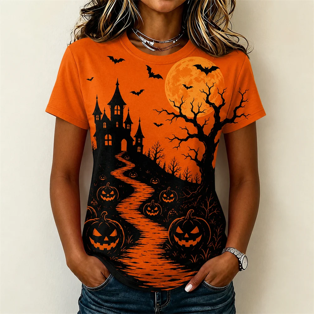 Pumpkin Color Halloween T-shirt For Men And Women Black Horror Castle Cat 3D Print Short Sleeve Tee Top Holiday Party Streetwear
