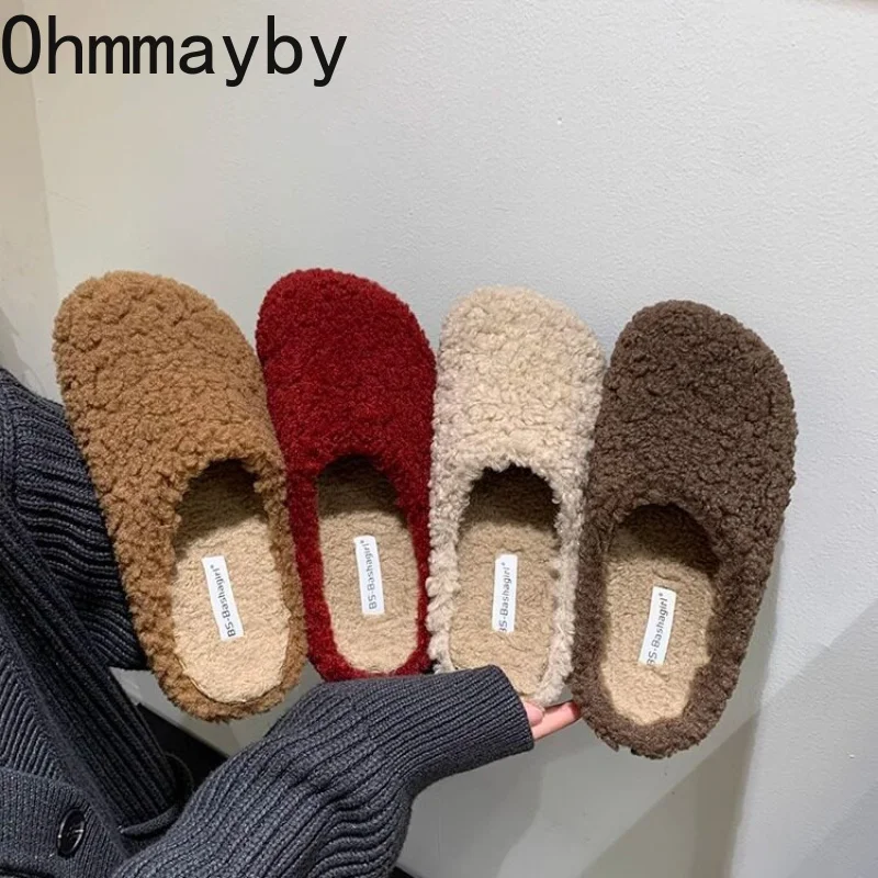 Autumn Winter Women Warm Cotton House Slippers Concise Round Toe Shoes Ladies Comfort Lambwool Flats Slides Shoes
