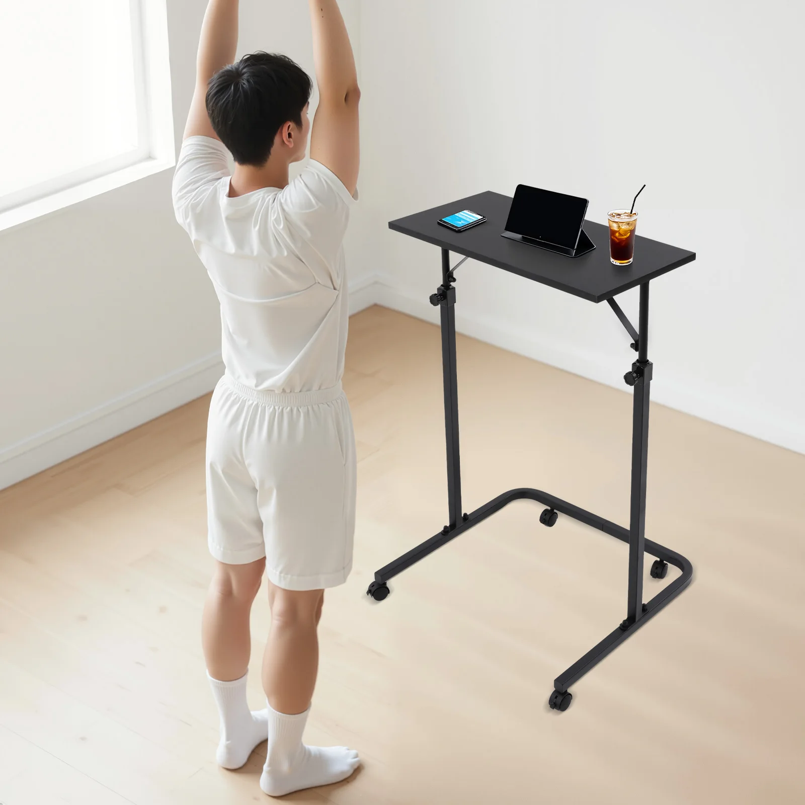 60x30cm Höhenverstellbare Mobile Arbeitsstation, U-förmiger Fitness-Schreibtisch mit Rollen für Heimbüro Fitnessstudio Stehpult (Schwarz) – Detail 3