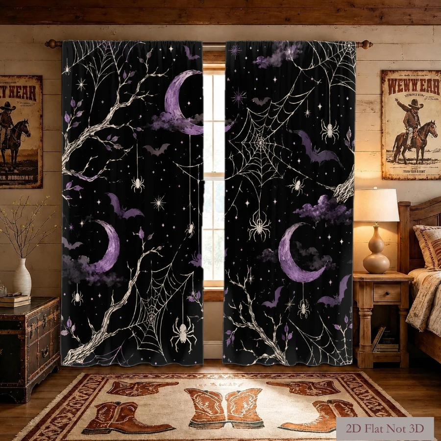 2PCS Digital Printed Curtains, Purple Crescent Moon Spider Webs Bats, Gothic Witchy Dark Halloween Window Decor Bedroom