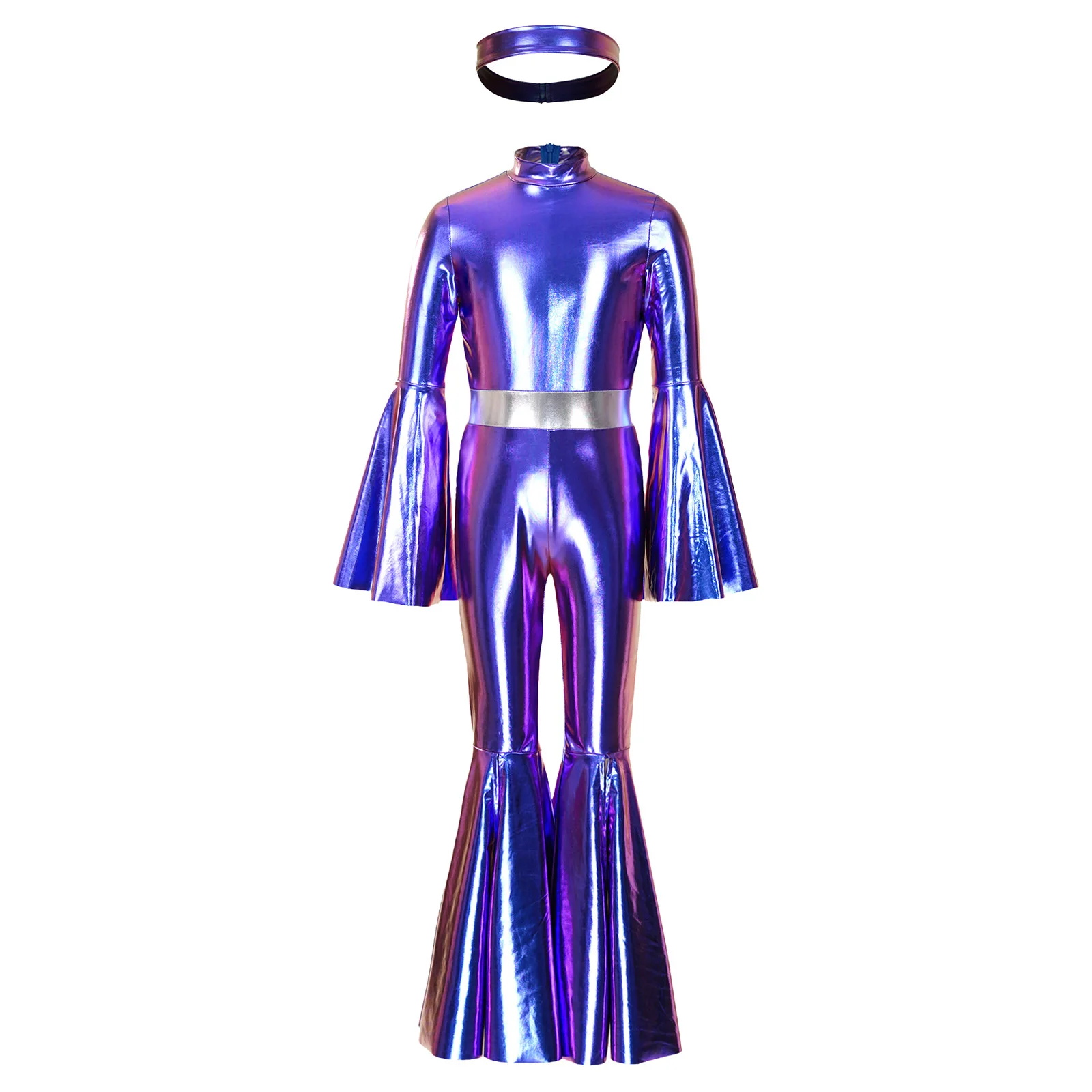 Kids Girls Disco Party Costume Split Bell-bottom Metallic Jumpsuit Jazz Dance Outfit Flared Zipper Bodysuit for Music Festival view 4