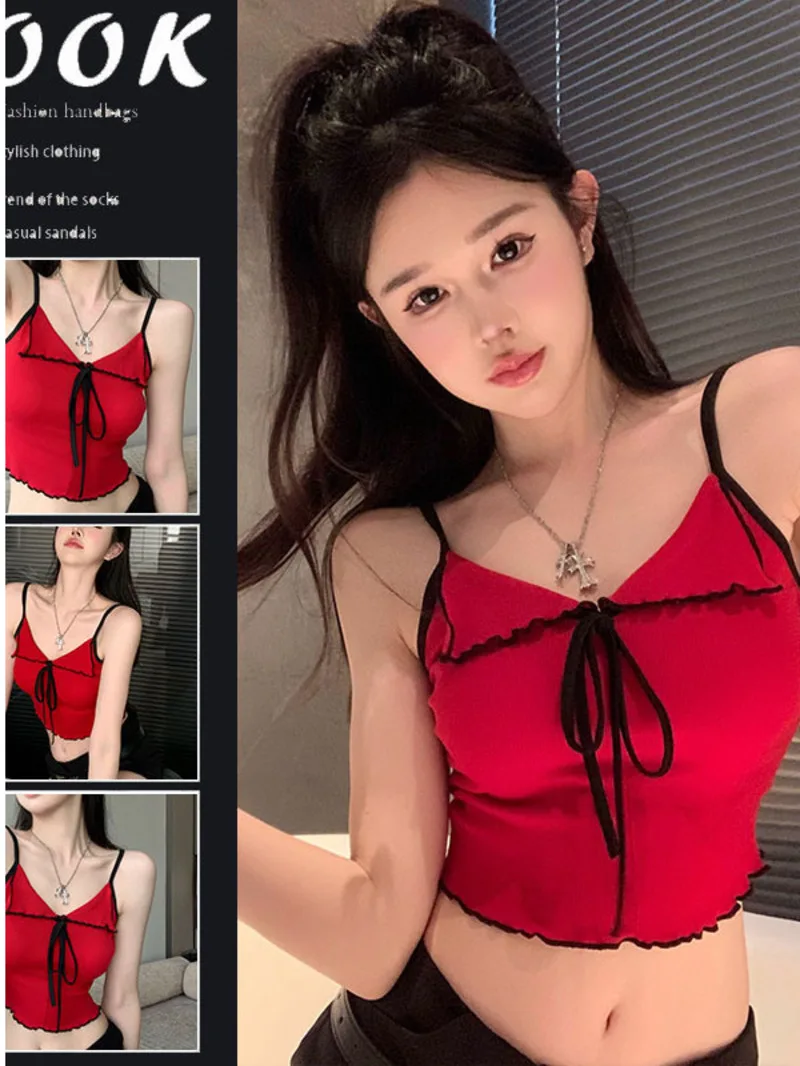 

Pure desire style camisole small tank top for women in summer, red sweet and spicy girl wearing backless sexy tight fitting ONEL