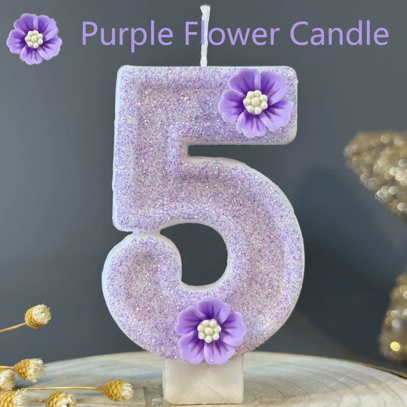 Purple Barbei Birthday Beautiful Birthday Number Candles Sparkling for Cake Topper Decoration Flower Pure Bee Honey Candles