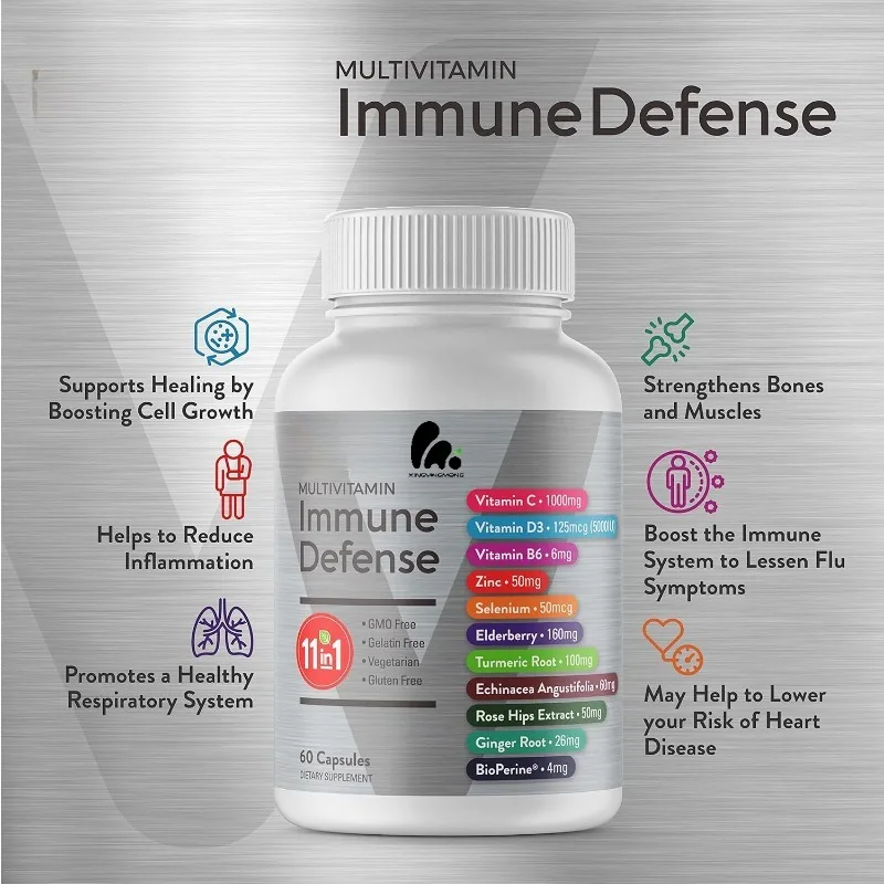 

Multi vitamin immune support capsules -vitamins, echinacea, turmeric, rose HIPS, selenium BioPerine Ginger, elderberry, and zinc