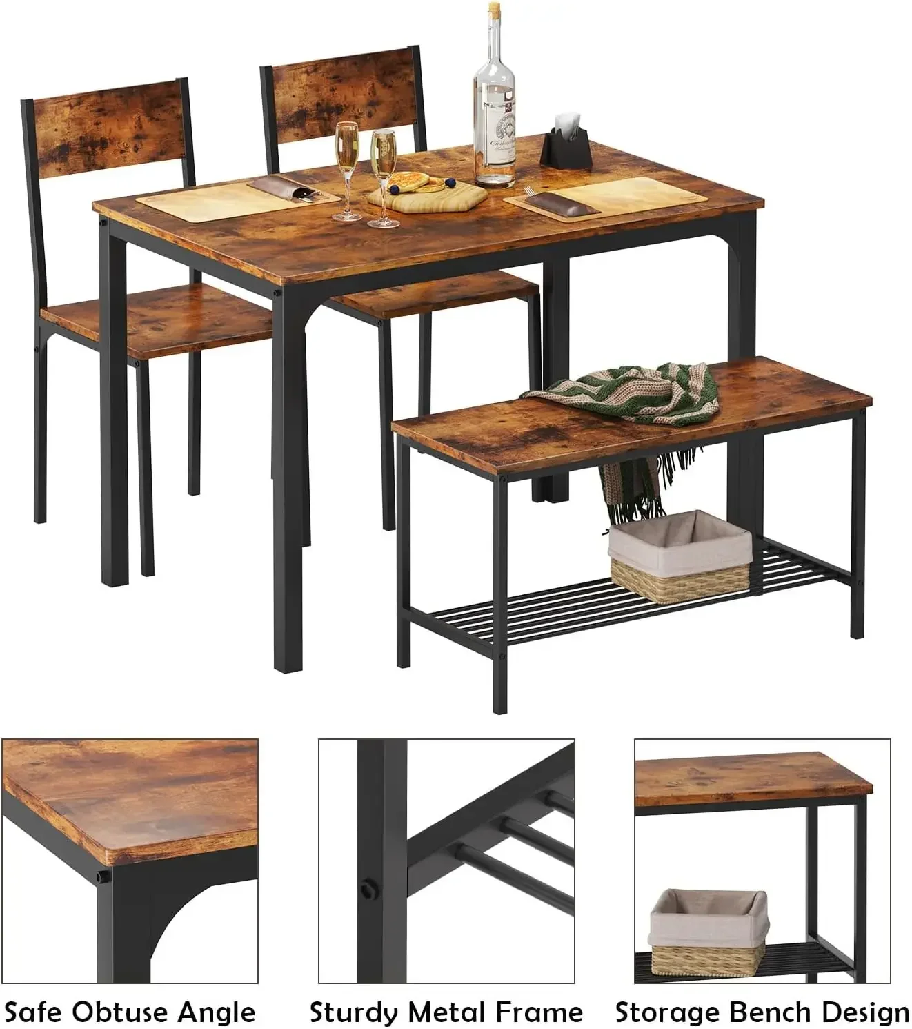 4 Person Dining Table Set, 43.3inch Kitchen Table Set for 4, Dining Room 2 Chairs with Backrest, 2-Person Bench with Stora