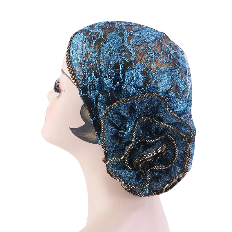 New Large Breathable lace Flower Turbans For Women Muslim Ruffle Cancer Chemo Beanie Caps hijab inner bonnet Islamic Headwear