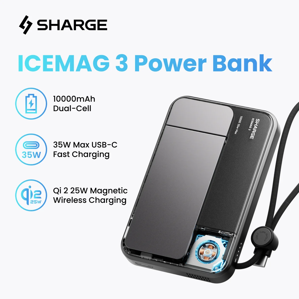 

Портативное зарядное устройство SHARGE Qi 2.2 25W с быстрой беспроводной зарядкой, 10000 мАч, кабель Type-C для MagSafe, внешний аккумулятор