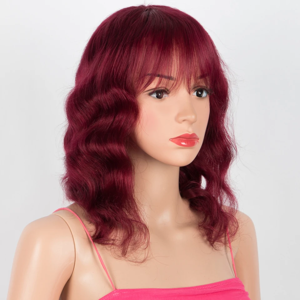 Lekker Burg Red Short Deep Wavy Bob 100% Human Hair Wig With Bangs For Women Brazilian Remy Hair Full Machine Made Body Wave Wig