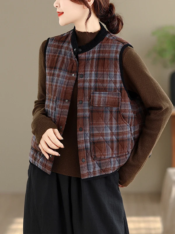

Winter 2025 Plaid Cotton Warmth Casual Loose Svel Vest Anti-Cold Thiened Materni Outerwear Faion Ladies Vest