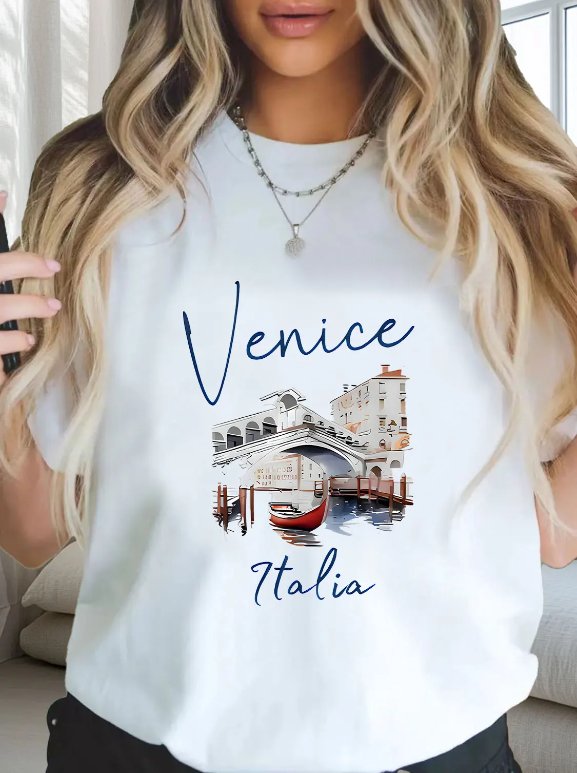 

English landscape pattern plus size Ladies' casual short sleeved T-shirt white