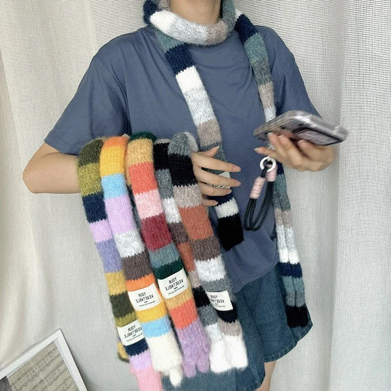 

Женский тонкий узкий длинный красочный полосатый шарф, осенне-зимний новый дизайн, универсальный декоративный шарф для девочек, универсальный шарф