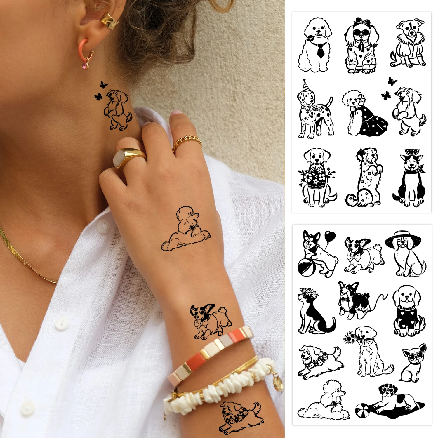 

2 листа полупостоянных временных татуировок, татуировки собаки, сувениры для домашних животных, милые татуировки щенков, долговечные 1-2 недели