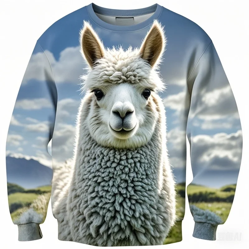 All Over Print Cute Animal Alpaca Pattern Crewneck Sweatshirts For Men New In Casual Oversized Pullover Hoodies Streetwear