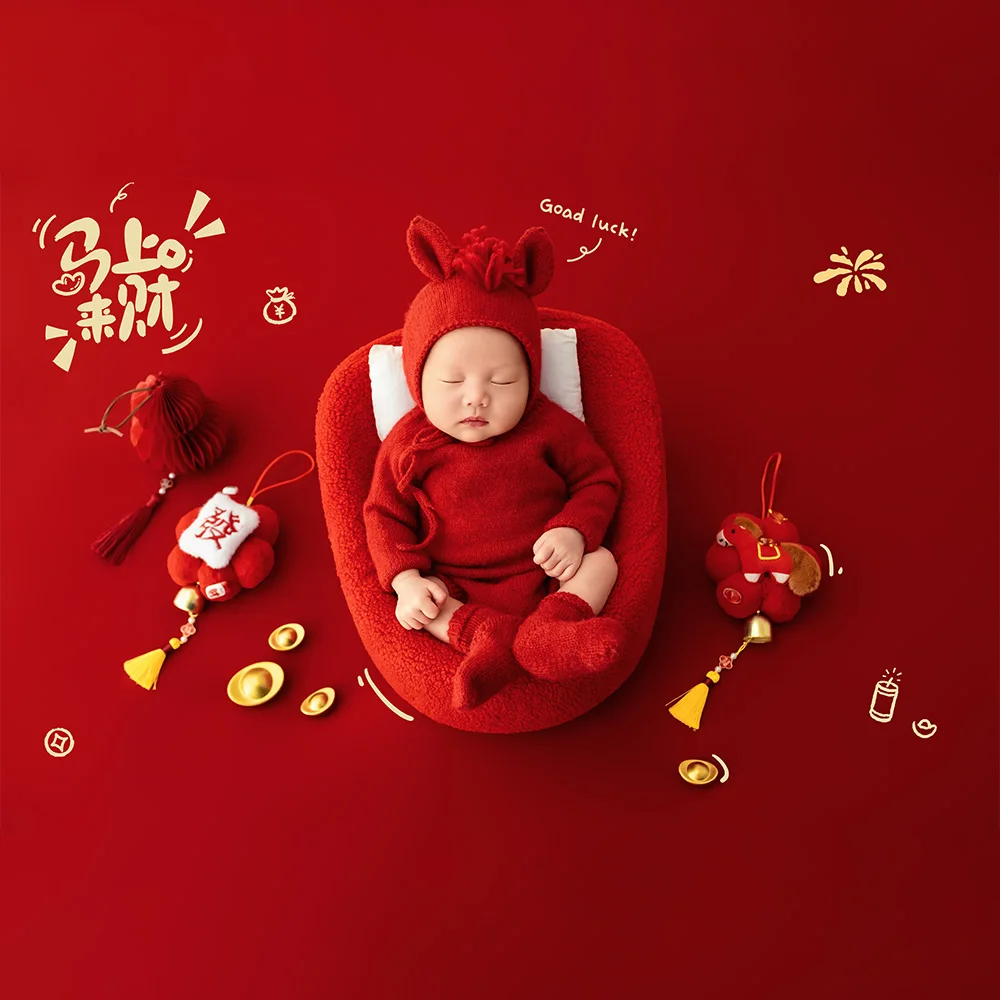 Pakaian Fotografi Bayi Baru Lahir Bertema Kuda, Set Romper Rajut Merah dengan Topi Bertelinga, Kostum Foto Studio Bertema Kuda