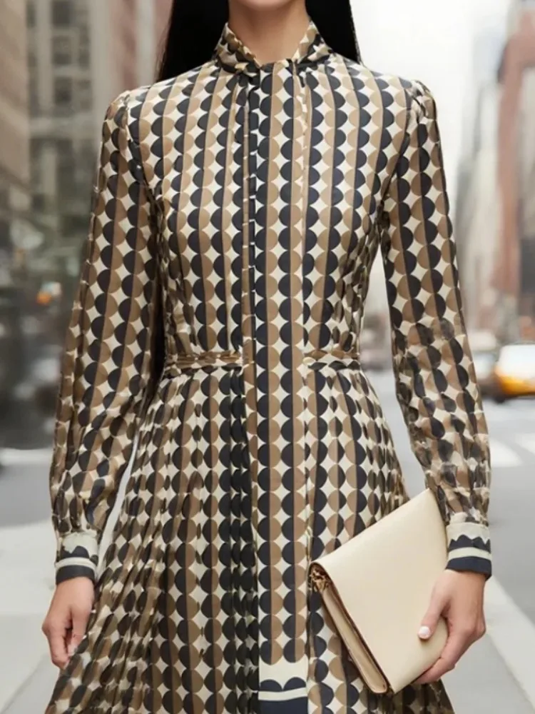 فستان نسائي من Beautyblue بأكمام طويلة وياقة واقفة فساتين ماكسي موضة هندسية المعين فضفاضة أنيقة عالية الخصر رداء نسائي