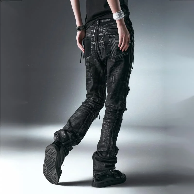 HKSH Spring Autumn New Men Tide Dark Punk Denim Pants Silver-brushed Ripped Dragon Scale Skinny Slim Fit Jeans Vibe Y2K HK27200