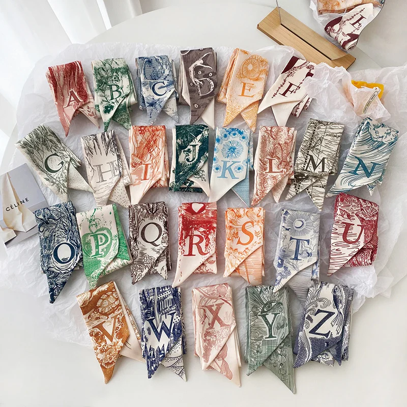 Super Beautiful Scarf 26 Letters Silk Scarf Headband Jungle Alphabet Print Bag Streamer Women Fashion Brand Design Silk Scarf