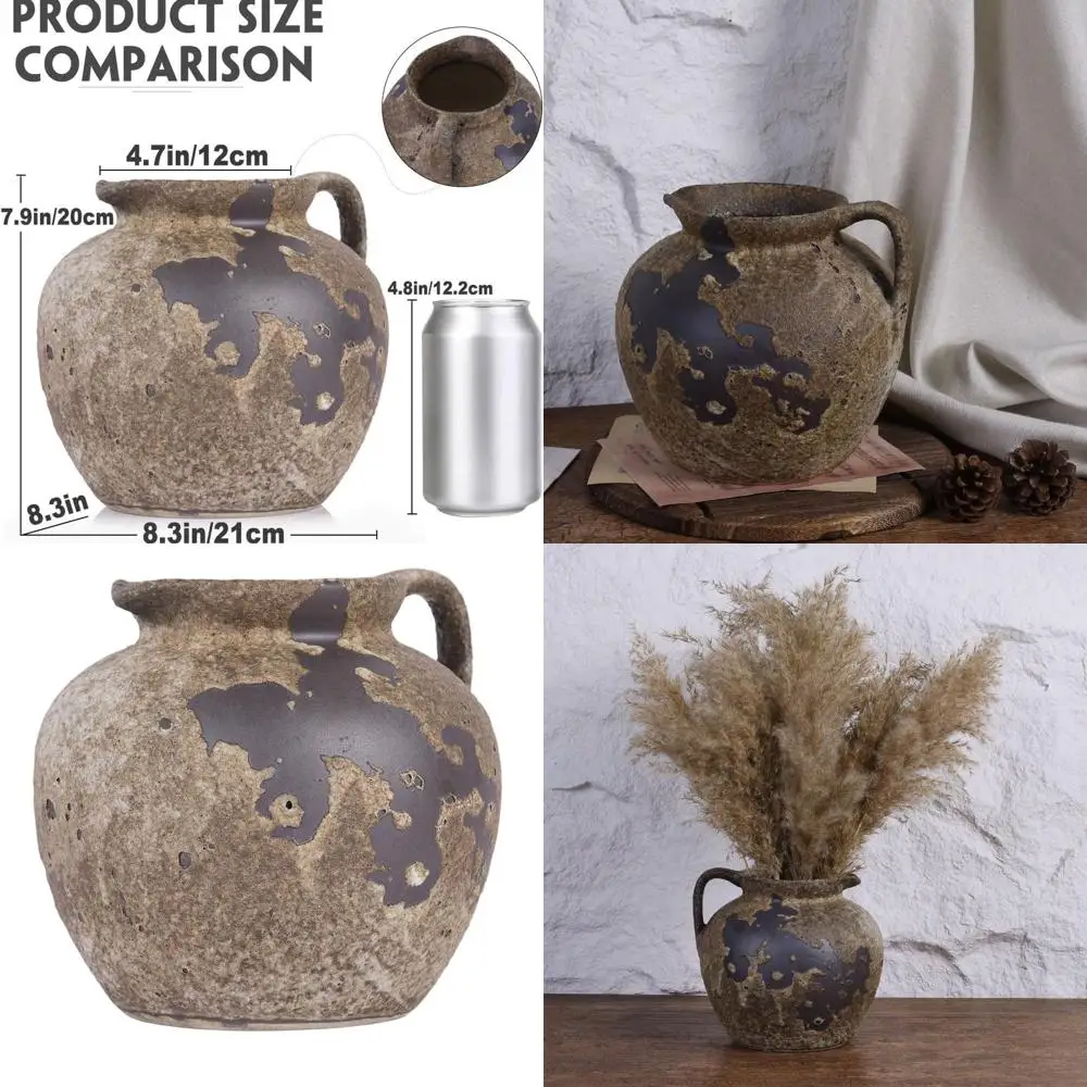 

Handcrafted Terracotta Vase with Handles, Rustic Farmhouse Style, Wabi Sabi Pottery for Home, Vintage Stoneware Suitable for Liv