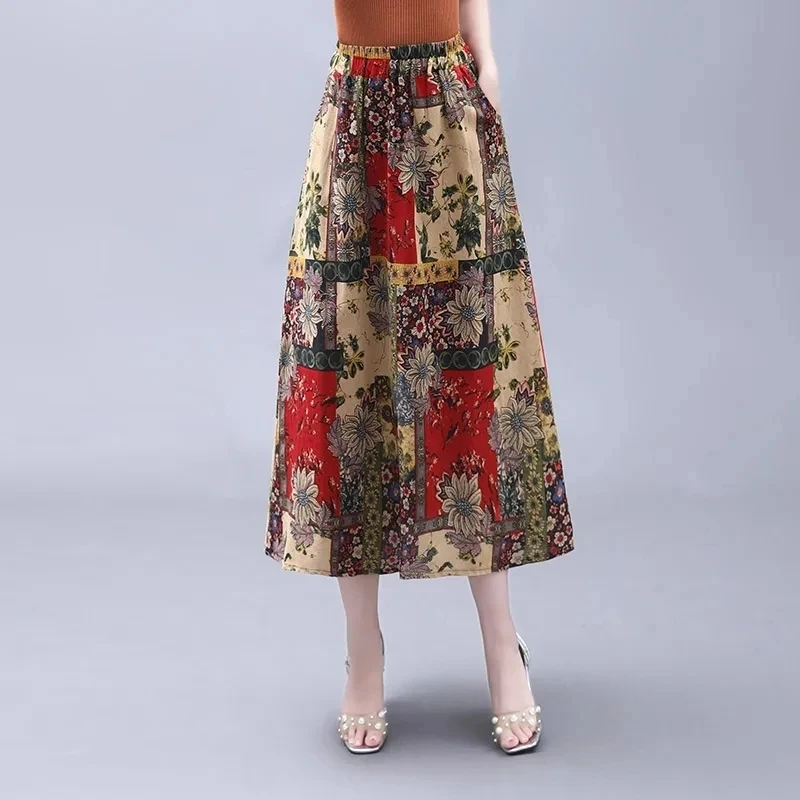 

2024 Cotton Linen Skirts For Women Summer NEW Elastic High Waist Retro A-line Skirts Korean Loose Print Ladies Long Skirt 4XL