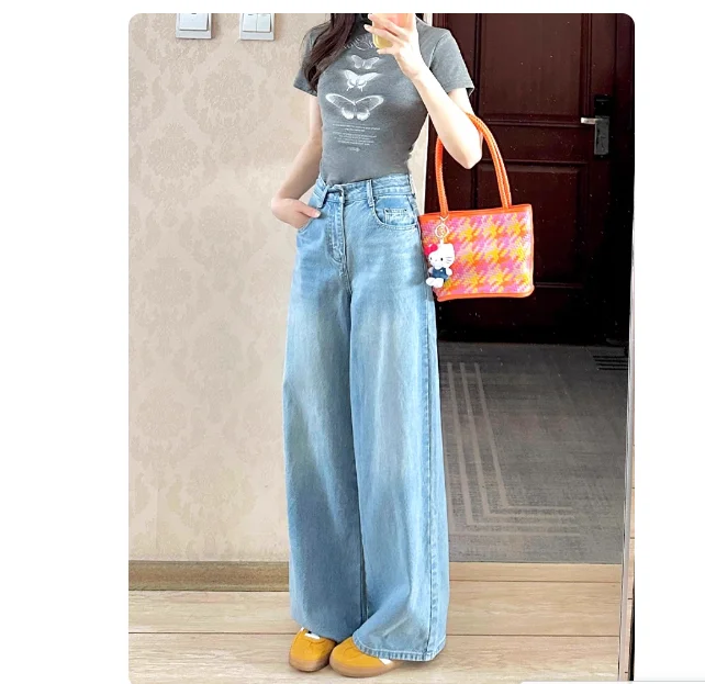 

Голубые широкие джинсы, женские летние новые корейские свободные и тонкие драпированные универсальные прямые брюки с высокой талией