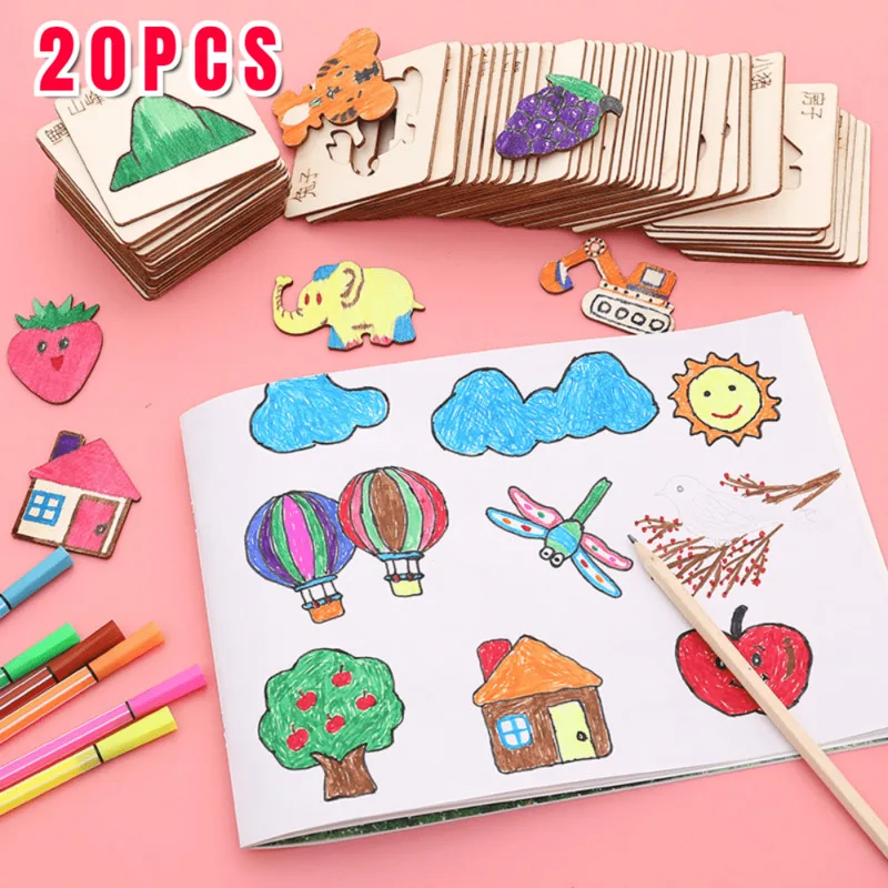 20Pcs Wooden Drawing Stencil Kit Kids Drawing Board Toys Coloring Puzzle Craft Montessori Educational Toys Accessories Template