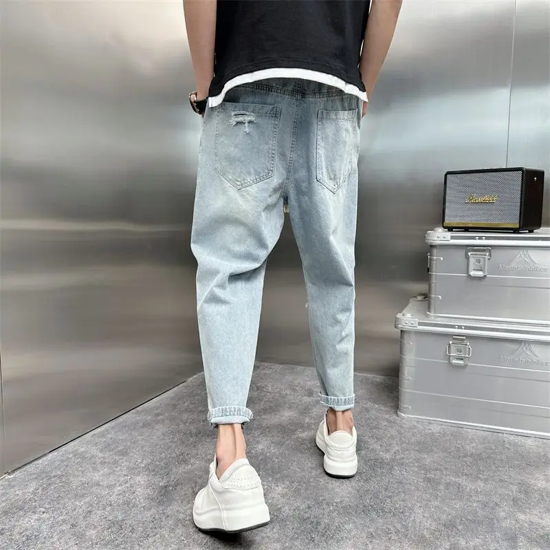 جينز ممزق قديم 2025 للرجال فضفاض مستقيم للربيع والصيف رفيع واسع الساق سراويل هارلان بخصر مطاطي سراويلي حريمي للرجال #3