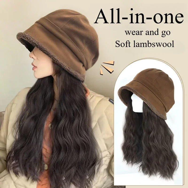 Brown Wig with Hat All-in-one Women Fall and Winter Fashion Melad Wind Long Curly Hair Fisherman Octagonal Hat Wear and Go