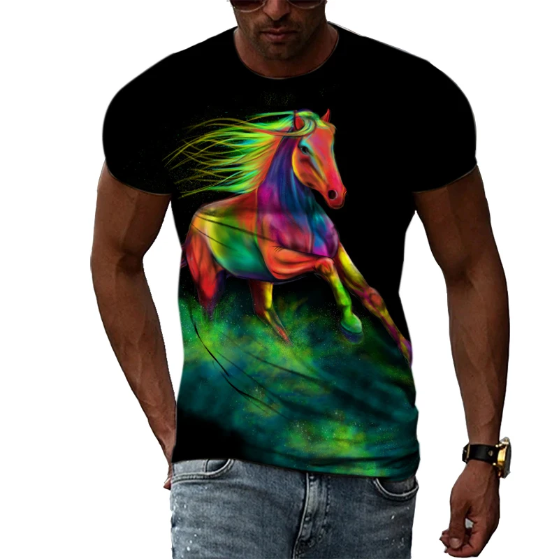

Summer Fashion Trendly Men Animal Horse Print T-shirt Handsome Casual Hip Hop harajuku graphic t shirts O-neck Short Sleeve Tees