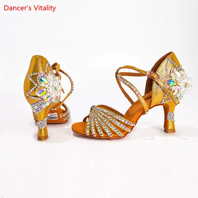 

Latin Dance Shoes Female Adult Soft Sole with National Standard Professional Dance Shoes Diamond-studded Latin Shoes