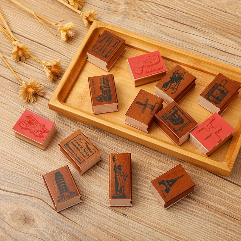 1Pcs Brick Red Iron Tower Wooden mini Decorative Wooden Rubber Stamps for DIY Craft Letters Diary Scrapbooking