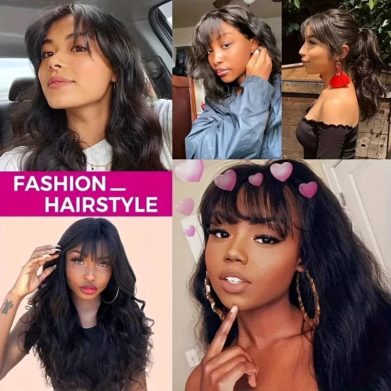 Body Wave Human Hair Wigs With Bangs Brazilian Remy Hair Wigs Machine Made Wig Natural Color For Women 200% Density image 5