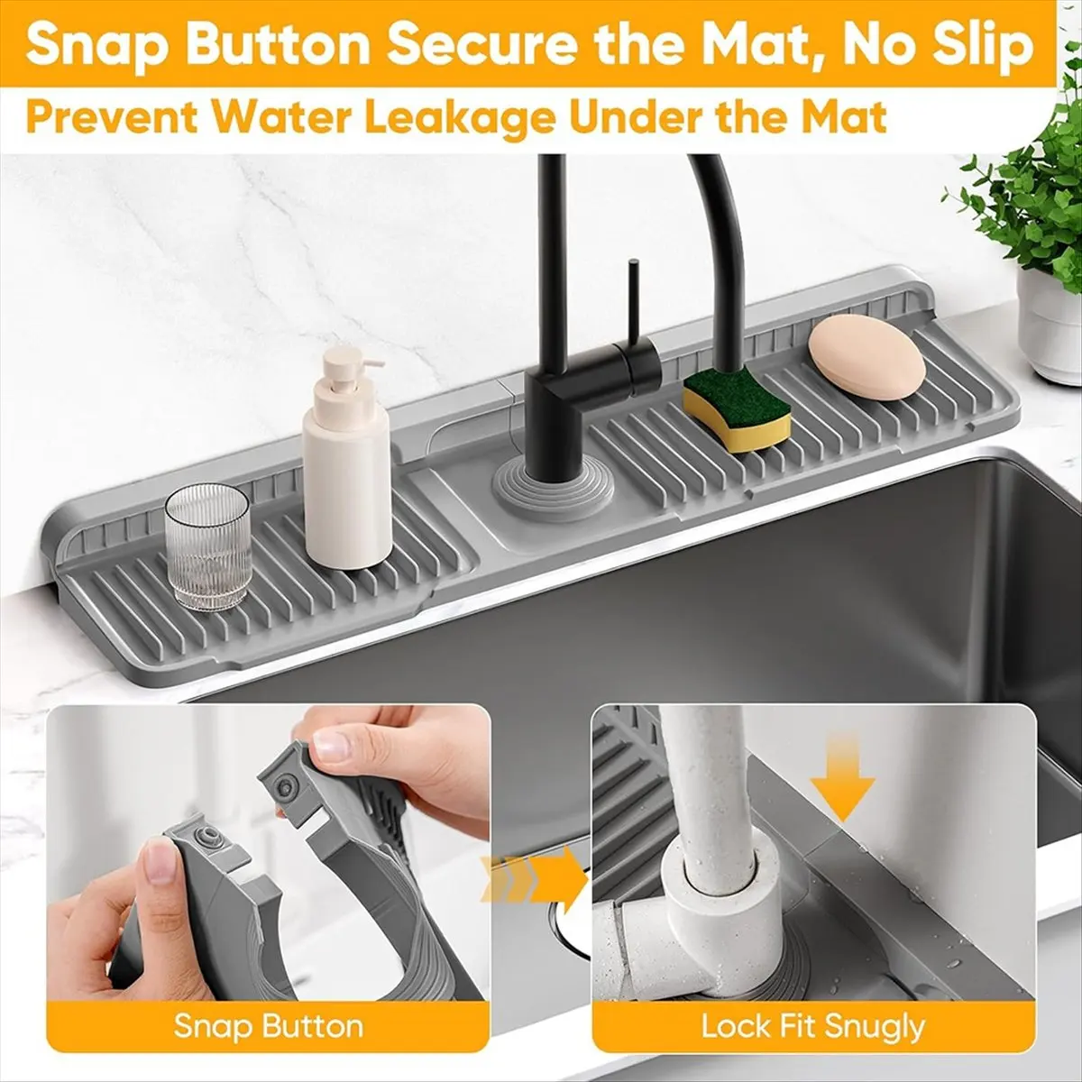 24'' Longer Faucet Mat for Kitchen Sink Splash Guard,Slope Fast Self-Draining,Snap Lock Fit,Faucet Mat Splash Guard