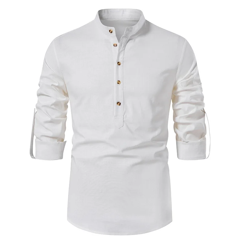 Men's Linen Henry Shirt Long Sleeve Cotton Beach Yoga Loose Slim Stand-Up Collar Top