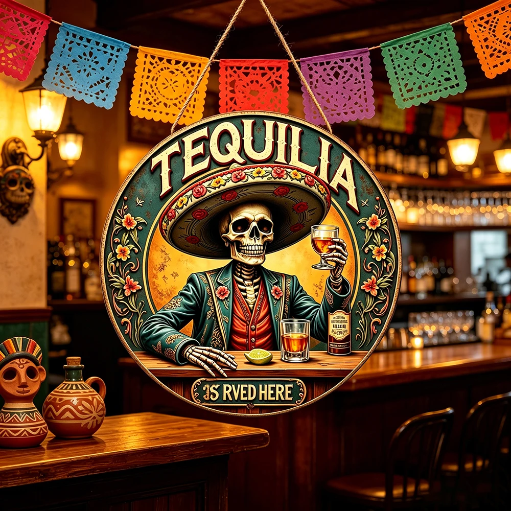 Tequila Reserved Here Round Wooden Bar Sign, Indoor Outdoor Bar Restaurant Yard Entryway Wall Ornament