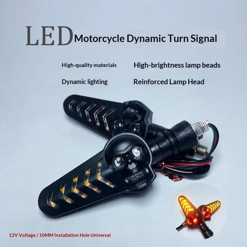 1 Paire de Clignotants LED Séquentiels Bicolores en Forme de Tête de Mort Squelette pour Moto, Effet Flammant Ambre
