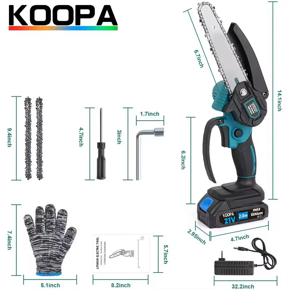 Koopa Tool Cordless Portable 6-Inch Mini Chainsaw, 2.0/4.0Ah Battery Powered 21V Handheld Small Chainsaw