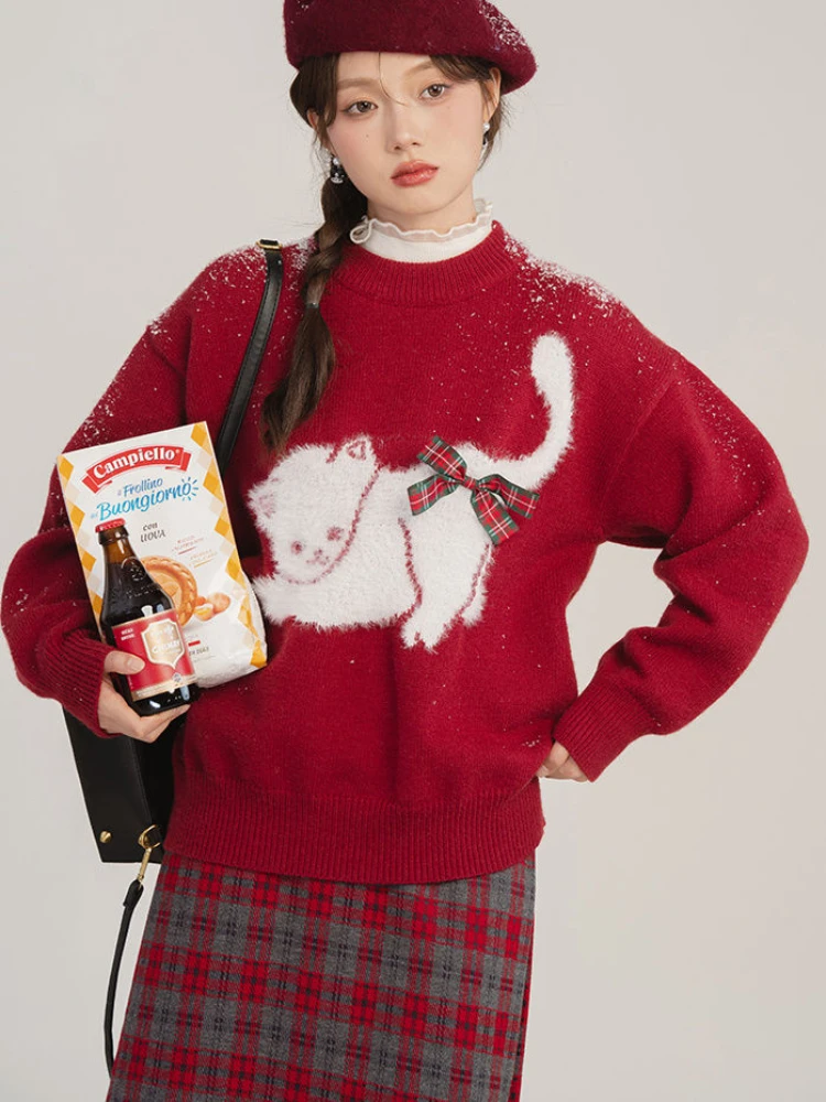 Deeptown Korean Fashion Y2k Kawaii Kitty Print Sweater Cashmere Knitted Streetwear Female Top Autumn Winter Christmas Clothes