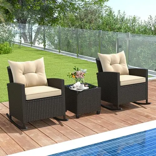 3-Piece Outdoor Wicker Rocking Chair Set with Cushions and Glass Coffee Table, Beige