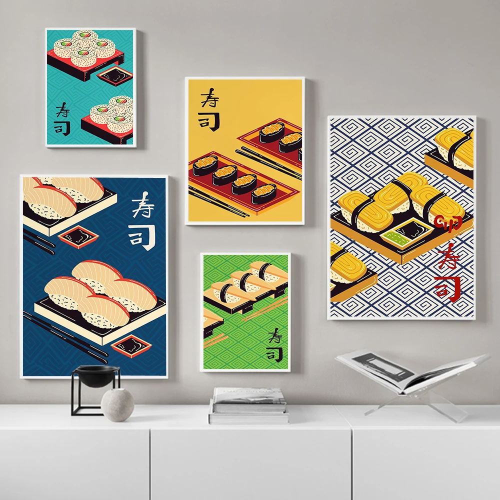 Japanese Sushi Foods Sign Poster Trendy Retro Nostalgic Uni Nigiri Sushi Canvas Painting Kitchen Restaurant Wall Decor Print