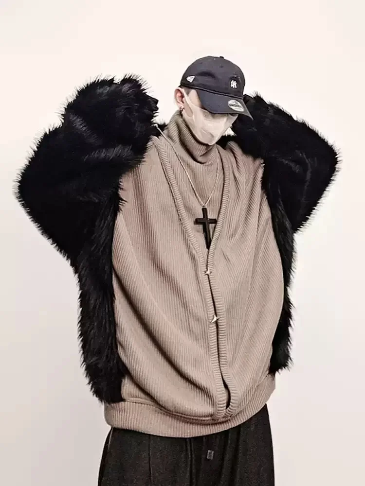 

Autumn And Winter Hip Hop Fashion Brand Turtleneck Knitwear Man Clothes Loose Casual Thicken Splicing Fur Sweater