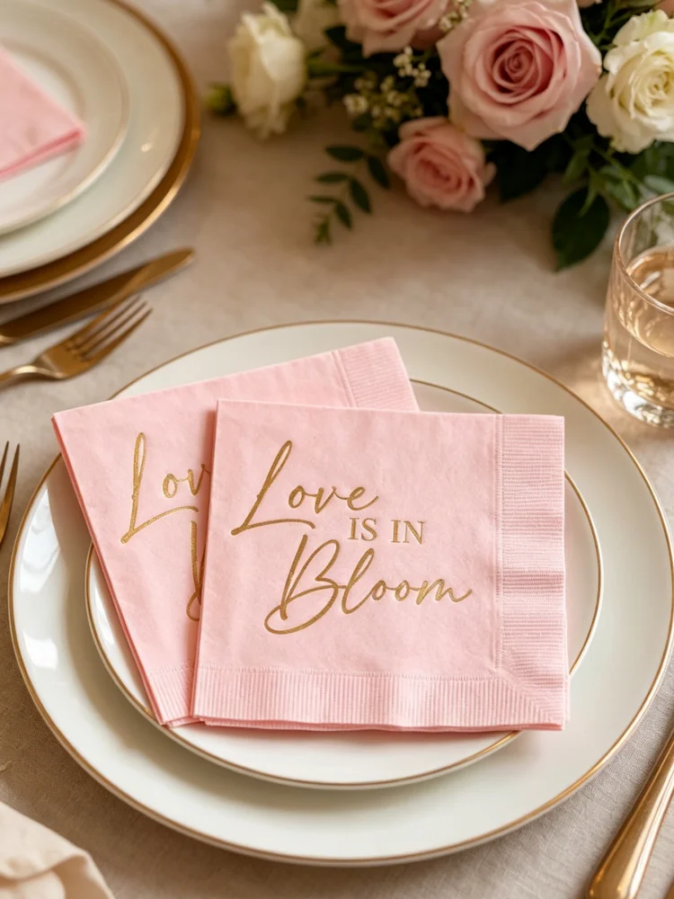 Serviettes de table jetables élégantes Love is in Bloom en feuille d'or rose pour le déjeuner, cadeau de table pour la fête nuptiale et la réception de mariage