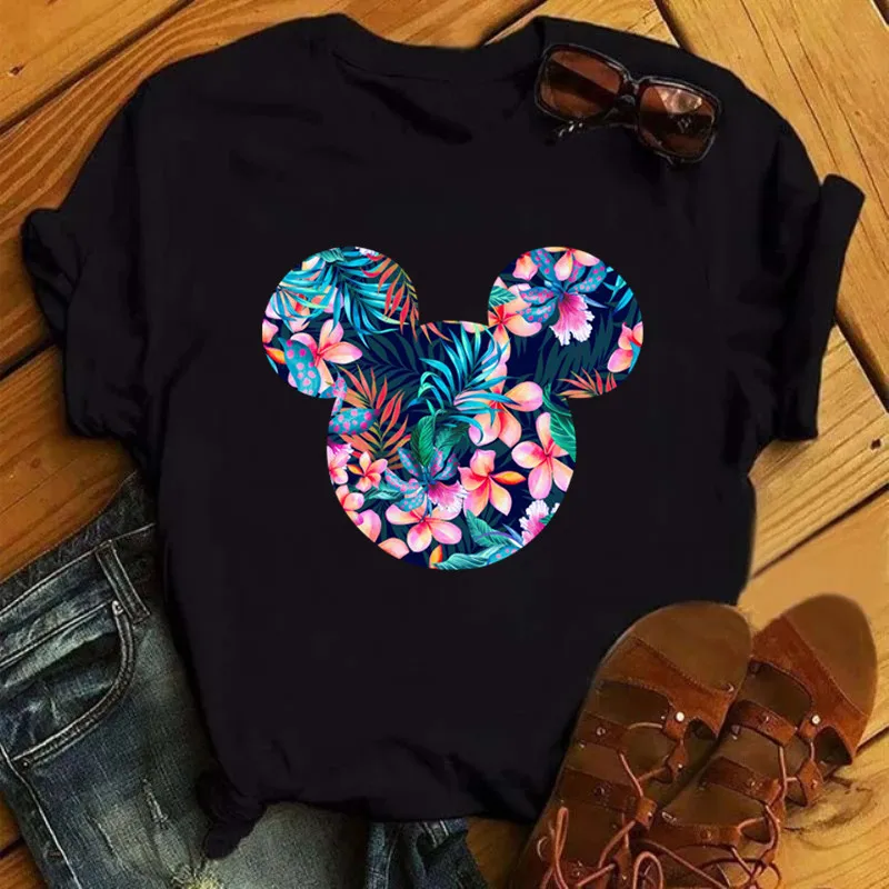 

Хлопковый топ с принтом Минни Маус Диснея, женская футболка с цветочным леопардовым принтом Kawaii, летние топы, черный женский топ в стиле Харадзюку